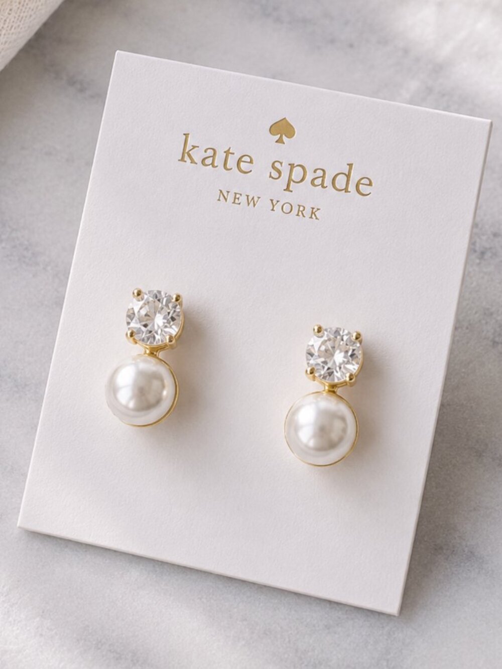 Kate Spade Pearl Crystal Drop Earrings Gold White Bridal Wedding Elegant🤍✨